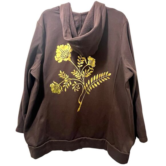 Roaman's Brown Full Zip Hoodie Hooded Sweatshirt Gold Flowers, Size est. 3X - Picture 1 of 9